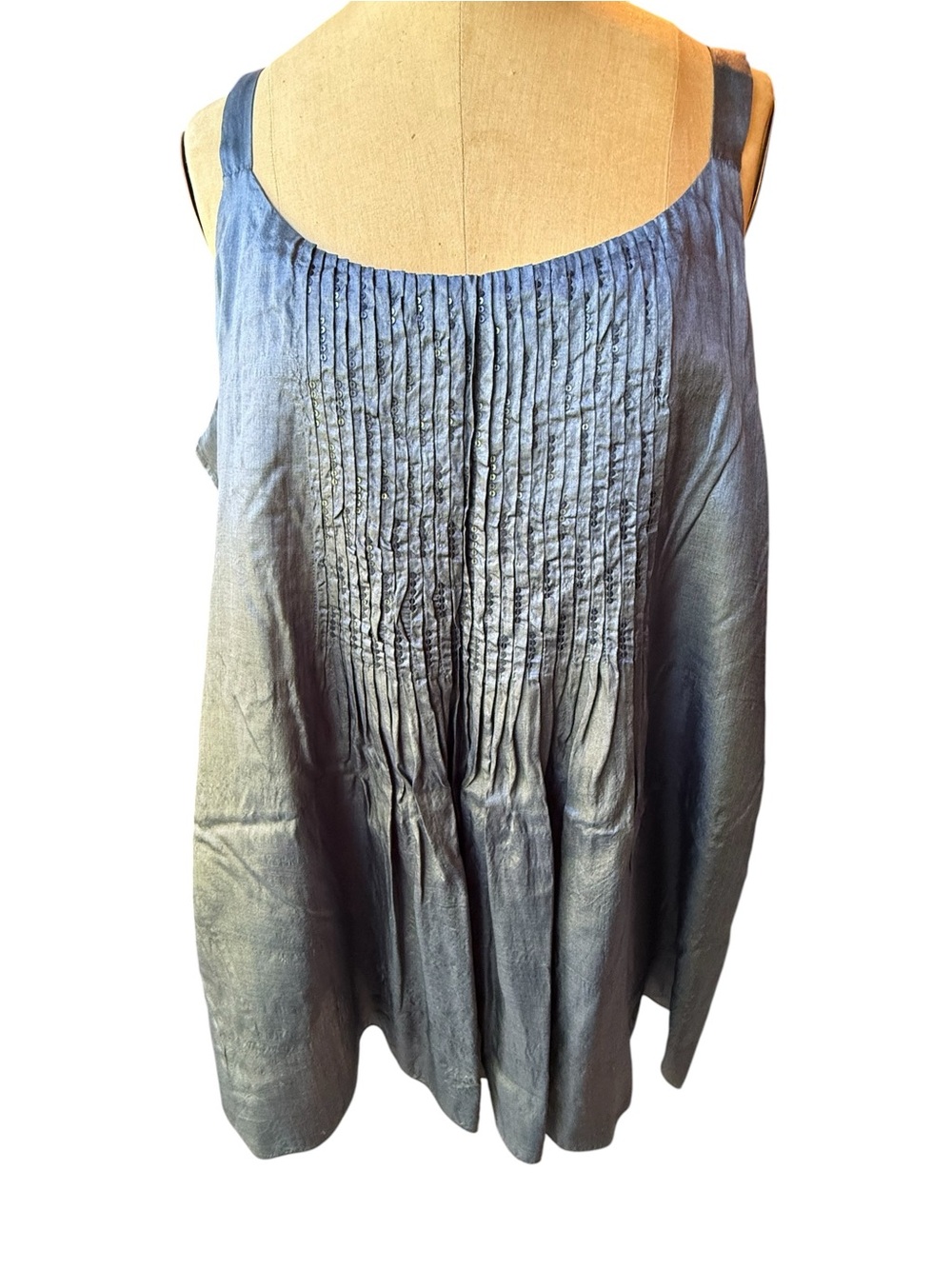 Eileen Fisher 100% Silk Sequin Pintuck Tunic Top Slate Blue XL